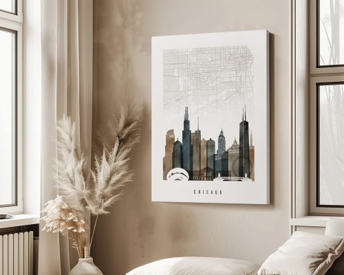 Artistic representation of Chicago skyline with a map overlay in neutral tones.