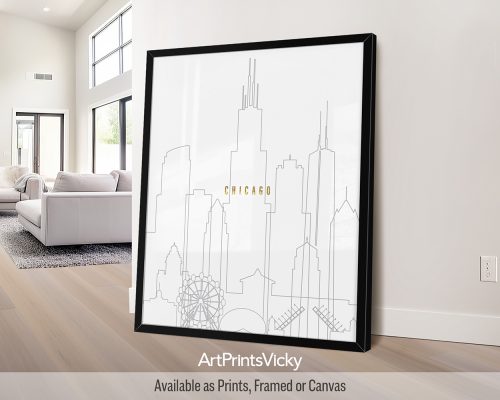 Chicago city print featuring dark gray line art skyline with faux gold title "Chicago" by ArtPrintsVicky.
