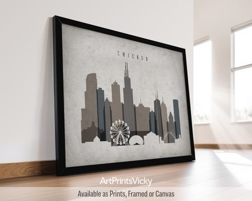 Chicago city art print in landscape with a retro-style background by ArtPrintsVicky