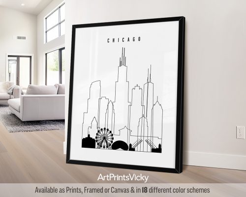 Black outline minimalist Chicago skyline print by ArtPrintsVicky