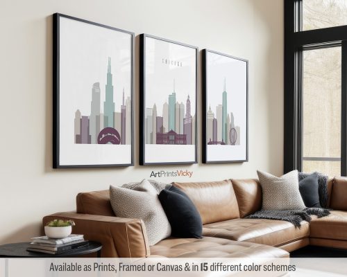 Set of 3 Chicago skyline prints in a cool Pastel 2 style by ArtPrintsVicky
