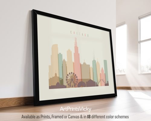 Chicago city skyline print rendered in a warm Pastel Cream palette with landscape orientation by ArtPrintsVicky