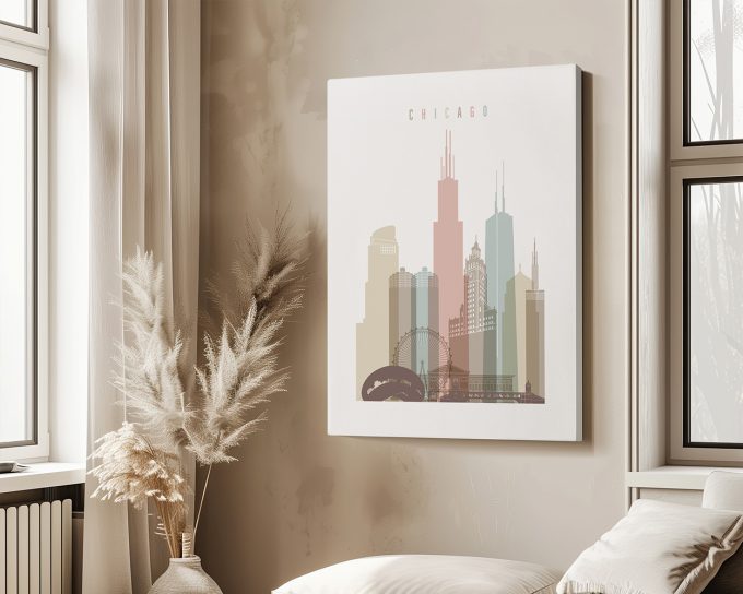 Artistic representation of Chicago's skyline with prominent buildings in pastel colors.