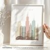 Art print of a stylized Chicago skyline featuring notable buildings and structures.