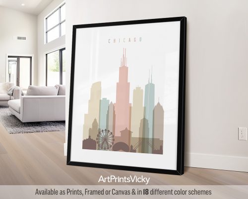 Pastel white Chicago city skyline poster featuring Willis Tower, Cloud Gate, by ArtPrintsVicky