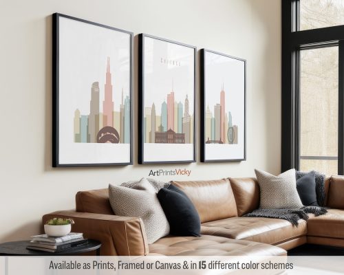 Set of 3 Chicago skyline prints in a soft pastel white theme by ArtPrintsVicky