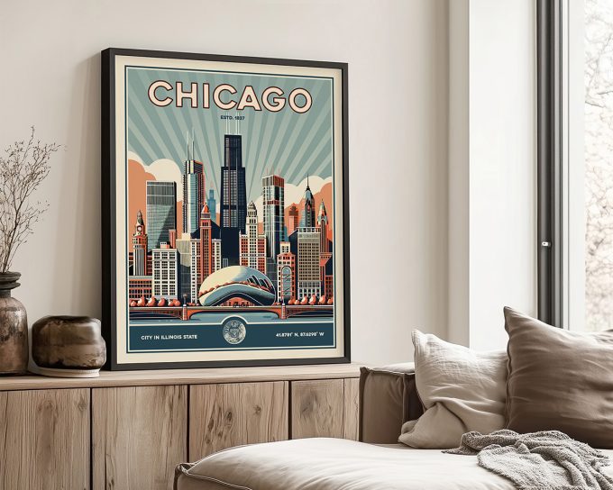 Retro-style poster of Chicago's skyline featuring notable buildings and the city name.
