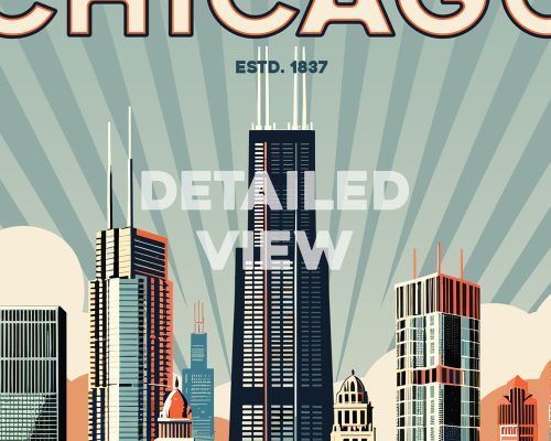 Illustration of a retro cityscape featuring skyscrapers in Chicago with a sunburst background.