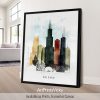 Art print of a Chicago cityscape featuring prominent buildings and a Ferris wheel.
