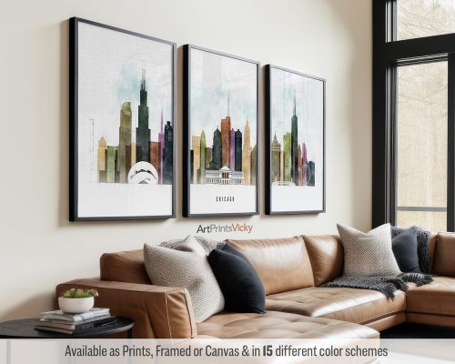 Chicago 3 Piece Wall Art in Bold Urban Colors by ArtPrintsVicky