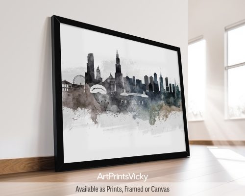 Earthy watercolor Chicago skyline poster by ArtPrintsVicky