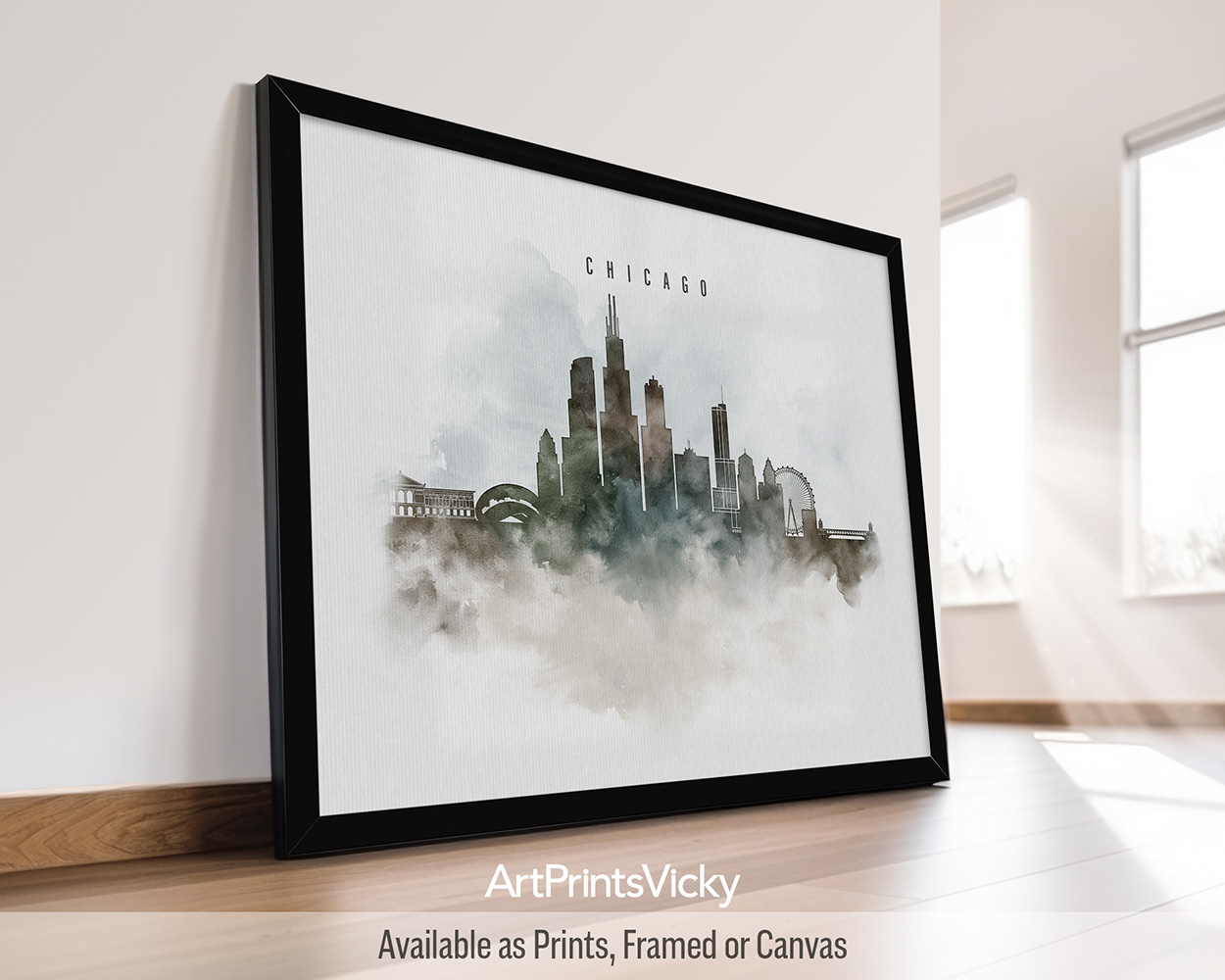 Minimalist Chicago cityscape art print featuring the Willis Tower, and iconic landmarks in a soft watercolor painting style, by ArtPrintsVicky.