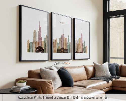 Chicago skyline triptych featuring iconic skyscrapers, and the vibrant cityscape in a rich and textured Watercolor 1 style, divided into three contemporary prints. by ArtPrintsVicky.