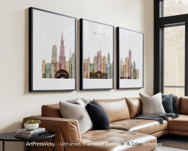 Three framed art prints depicting a cityscape of Chicago with notable buildings and skyline features.