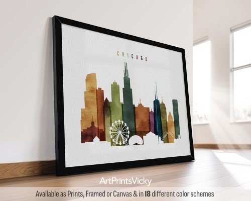 Chicago landscape skyline featuring iconic landmarks like the Willis Tower and the Bean, in a rich and textured Watercolor 3 style, by ArtPrintsVicky.