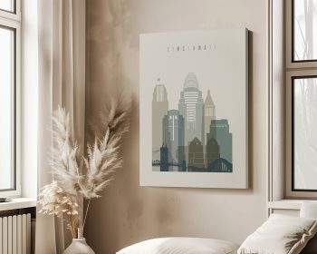 Stylized illustration of Cincinnati skyline with buildings and bridge in muted colors.