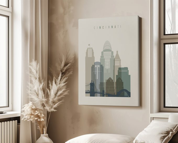 Stylized illustration of Cincinnati skyline with buildings and bridge in muted colors.