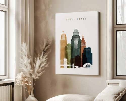 Artistic representation of Cincinnati skyline with notable buildings and structures.