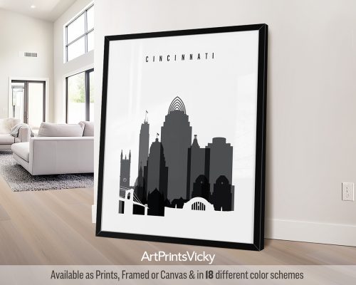 Black and white Cincinnati skyline art print by ArtPrintsVicky