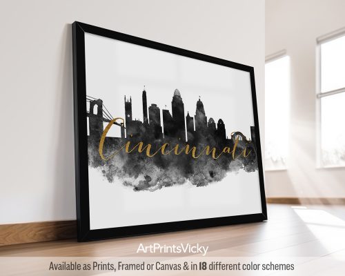 Black and white Cincinnati city print with faux gold "Cincinnati" title by ArtPrintsVicky