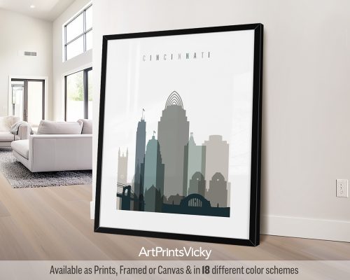 Cincinnati modern art print in cool Earth Tones 4. Features the Roebling Bridge, historic architecture by ArtPrintsVicky