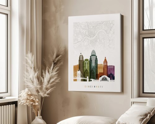 Art print featuring a stylized map and skyline of Cincinnati with notable buildings and landmarks.
