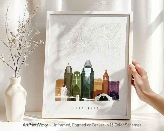 Art print of Cincinnati skyline featuring notable buildings in a minimalist design.