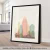Art print featuring a stylized cityscape of Cincinnati with various building silhouettes.