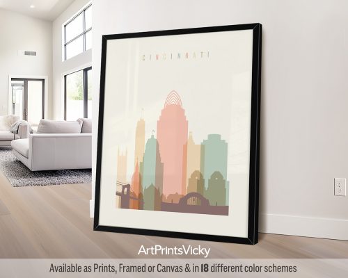 Cincinnati city skyline print in a warm Pastel Cream color theme by ArtPrintsVicky