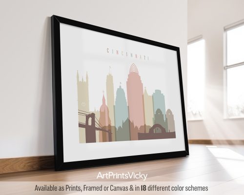 Cincinnati landscape print featuring the Roebling Suspension Bridge, and city skyline in a soft, calming Pastel White palette, by ArtPrintsVicky.