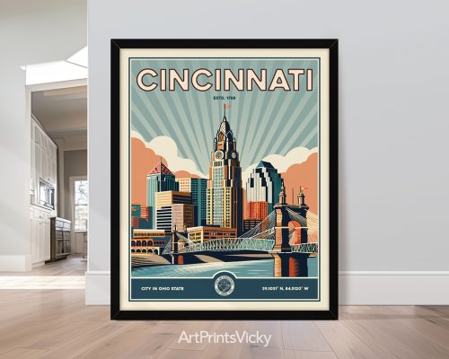 Vintage Cincinnati skyline poster in retro style
