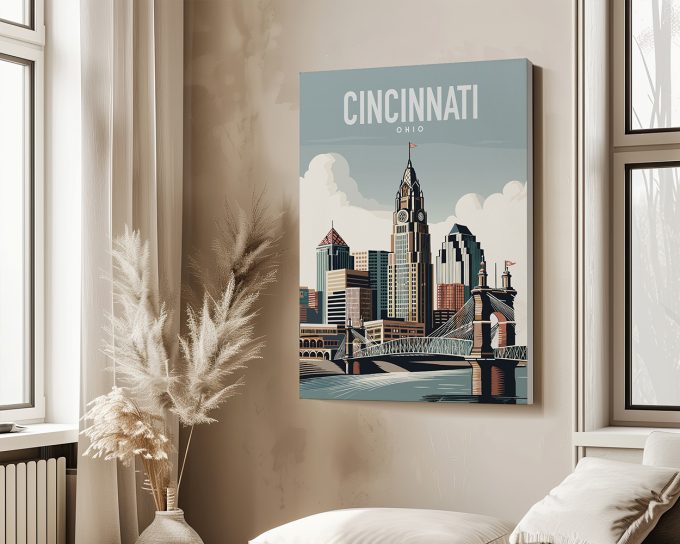 Illustration of Cincinnati, Ohio skyline featuring buildings and a bridge.