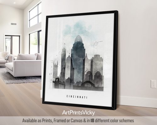 Cincinnati skyline with iconic buildings, bridges, and landmarks in an architectural Urban 1 style with bold lines, by ArtPrintsVicky.