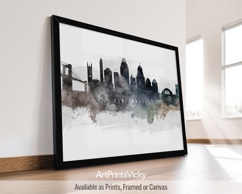 A watercolor art print of the Cincinnati cityscape, showcasing its iconic architecture in soft, vibrant colors by ArtPrintsVicky