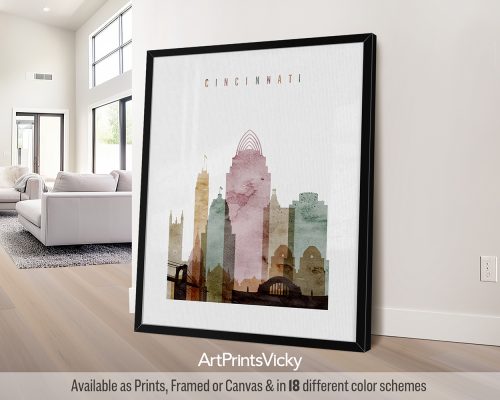 Minimalist Cincinnati skyline poster featuring the Roebling Suspension Bridge and other iconic landmarks in a rich and textured warm Watercolor 1 style, by ArtPrintsVicky.