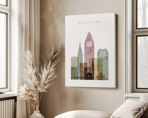 Art print featuring a stylized depiction of the Cleveland skyline with notable buildings.