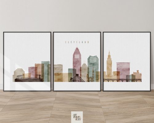 Cleveland watercolor 1 skyline set of 3 prints