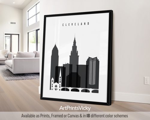 Black and white Cleveland skyline art print by ArtPrintsVicky