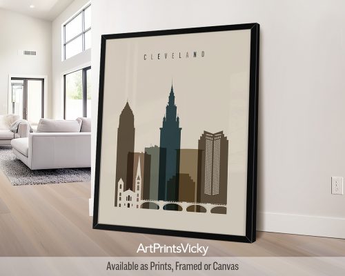 Cleveland Ohio skyline art print in earth tones 3 by ArtPrintsVicky