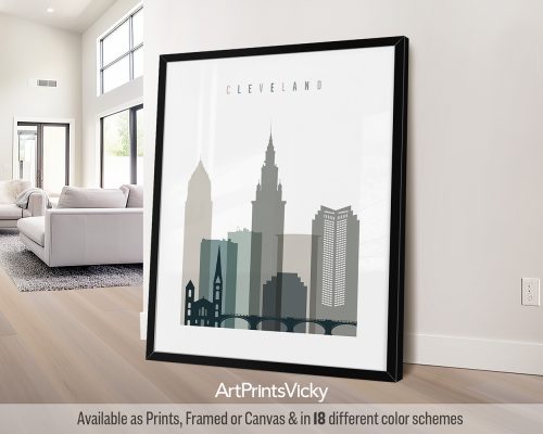 Cleveland modern art print in cool Earth Tones 4. Features industrial hints, and the iconic skyline by ArtPrintsVicky