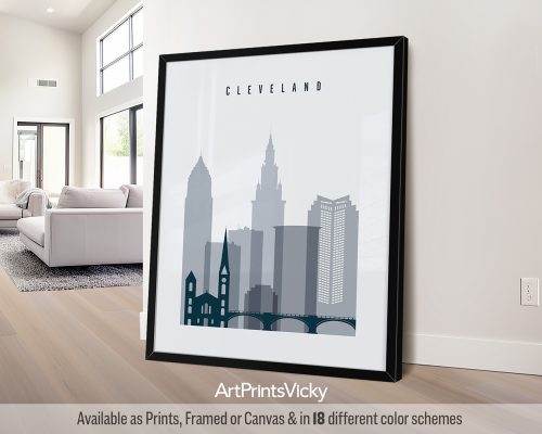 Cleveland city poster in minimalist Grey Blue style by ArtPrintsVicky