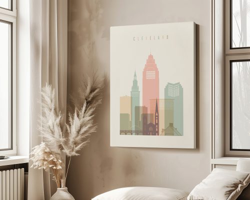 Art print of a stylized cityscape featuring Cleveland's skyline with pastel colors.