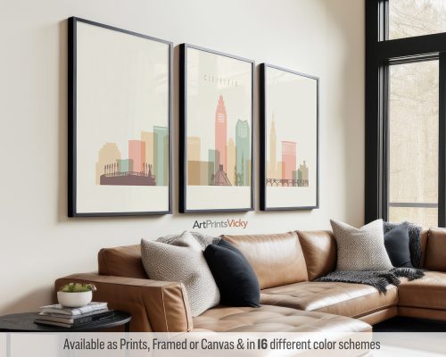 Warm pastel cream Cleveland skyline set of 3 prints by ArtPrintsVicky