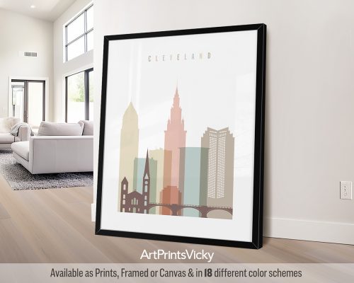 Pastel white Cleveland city skyline poster featuring Terminal Tower, by ArtPrintsVicky