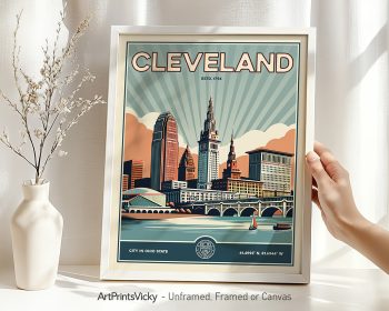 Framed retro print of Cleveland featuring buildings and a river with a boat.