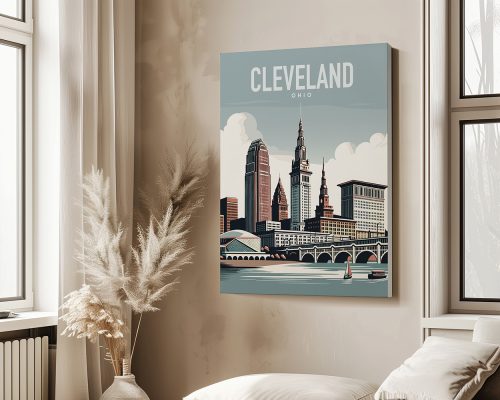 Art print featuring a cityscape of Cleveland, Ohio with prominent buildings and a river.