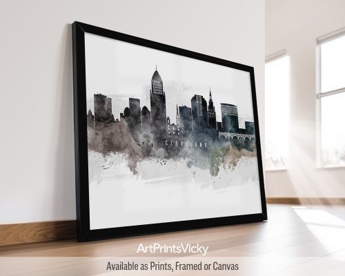 Watercolor art print of the Cleveland skyline, showcasing its landmarks in soft, vibrant colors by ArtPrintsVicky