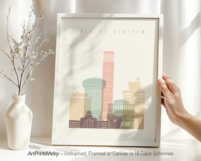 Art print featuring a stylized illustration of College Station buildings in soft colors.