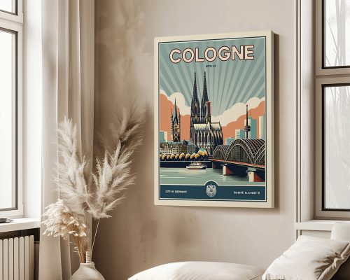 Vintage-style poster featuring the Cologne Cathedral and city skyline with a bridge and river.