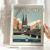 Art print of Cologne featuring the Cologne Cathedral and a river view with a boat.